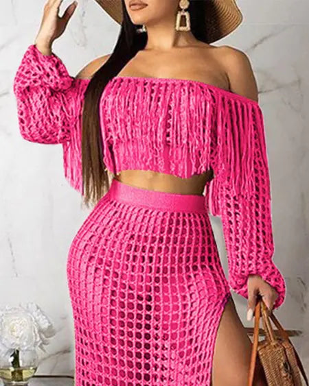 Crochet Beachwear: Mesh Top Skirt & Tassel Sets