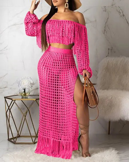 Crochet Beachwear: Mesh Top Skirt & Tassel Sets