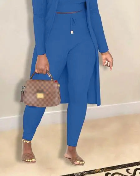 Ribbed Cami Top Pants & Long Coat Set