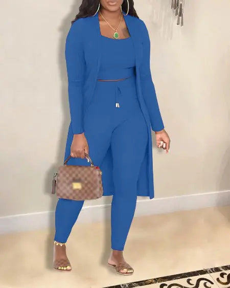 Ribbed Cami Top Pants & Long Coat Set