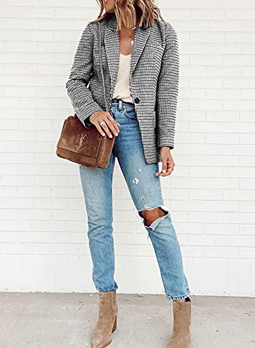 Womens Casual Pocketed Plaid Blazer Front Open Jacket With One Closure Buttons