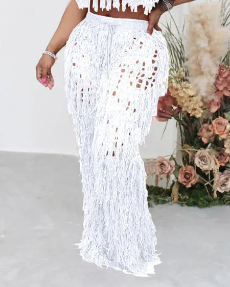 Crochet Bikini Set: Halter Top with Tassel & High Waist Pants