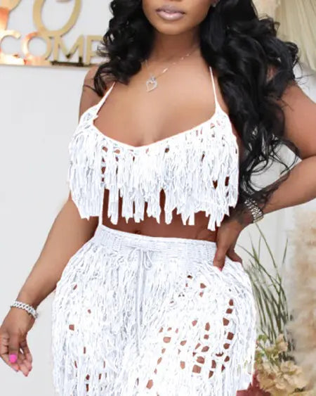 Crochet Bikini Set: Halter Top with Tassel & High Waist Pants