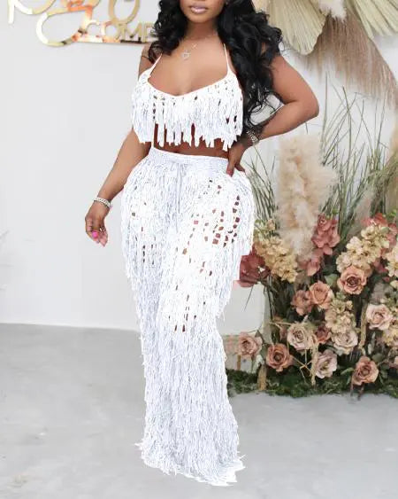 Crochet Bikini Set: Halter Top with Tassel & High Waist Pants