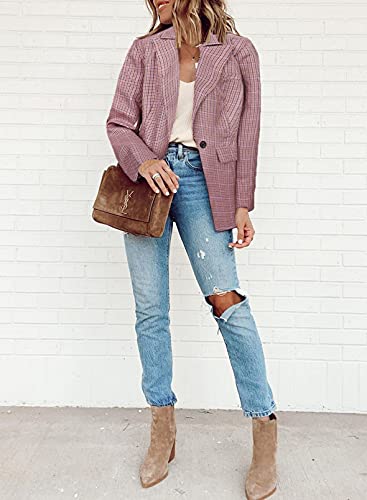 Womens Casual Pocketed Plaid Blazer Front Open Jacket With One Closure Buttons