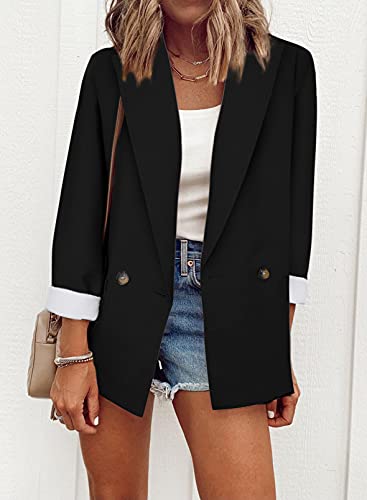 Womens Casual Pocketed Blazer Front Open Jacket With Two Horizontal Closure Buttons