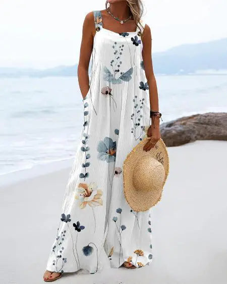 Suspender Jumpsuit with Floral Print & Wide Leg Design