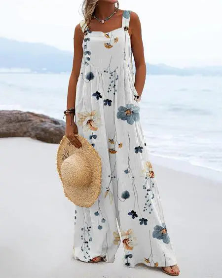Suspender Jumpsuit with Floral Print & Wide Leg Design
