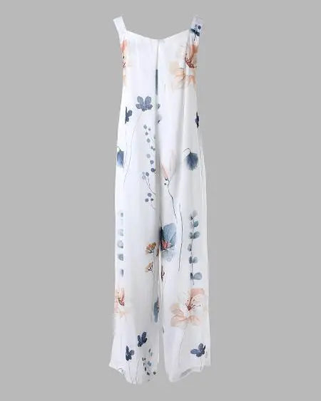 Suspender Jumpsuit with Floral Print & Wide Leg Design