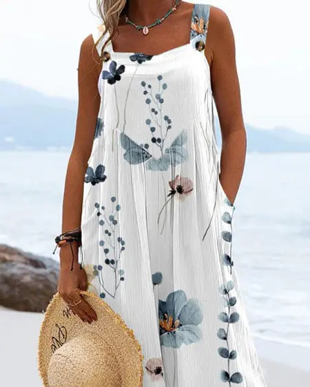 Suspender Jumpsuit with Floral Print & Wide Leg Design