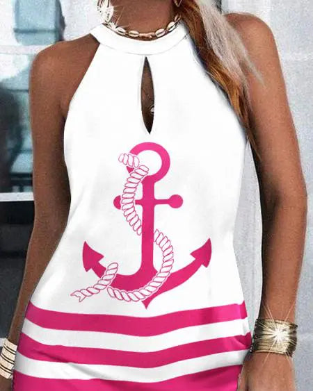 Sleeveless Dress with Anchor Print & Colorblock Design