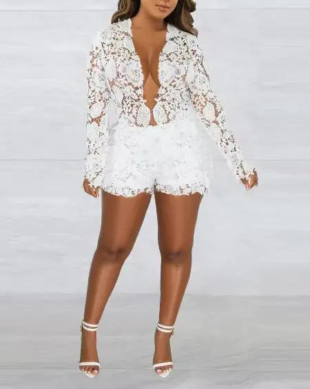 Guipure Lace Long Sleeve Top & Shorts Combo