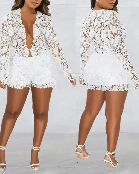 Guipure Lace Long Sleeve Top & Shorts Combo