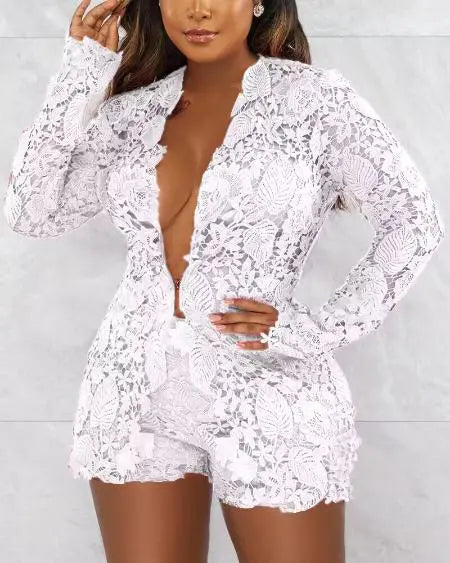 Guipure Lace Long Sleeve Top & Shorts Combo