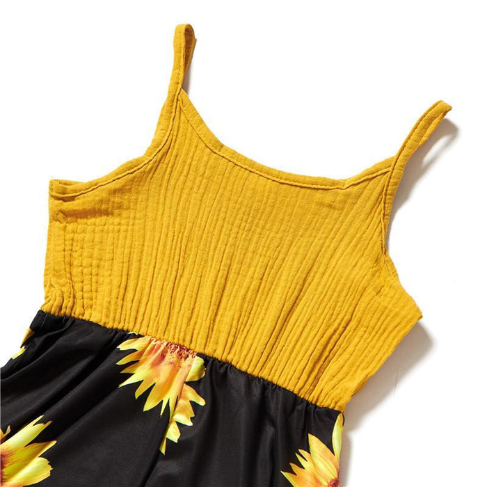 Sunflower Print Stitching Solid Tank Dresses for Mommy and Me