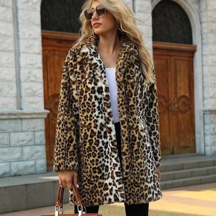 Savannah Chic Luxurious Leopard Print Mid-Length Faux Fur Coat with Notch Lapel