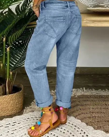 Low Waist Ripped Jeans with Button Fly