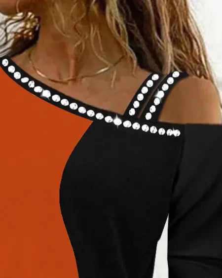 Cold Shoulder Top with Rhinestones & Colorblock Design