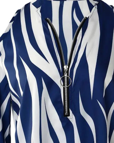 Cold Shoulder Top with Zebra Stripe Print & Zip Front