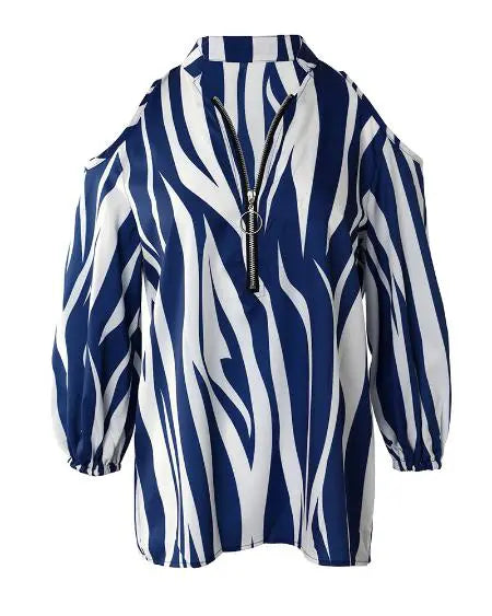 Cold Shoulder Top with Zebra Stripe Print & Zip Front