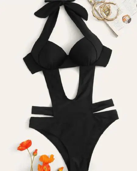 Backless One-Piece Swimsuit with Halter Neck and Cutout