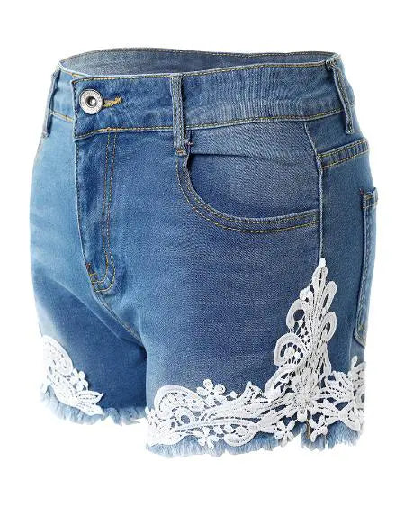 Denim Shorts: Contrast Lace & Raw Hem Design