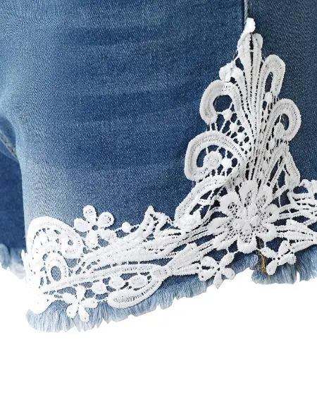 Denim Shorts: Contrast Lace & Raw Hem Design