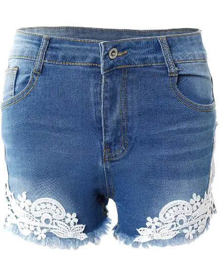 Denim Shorts: Contrast Lace & Raw Hem Design