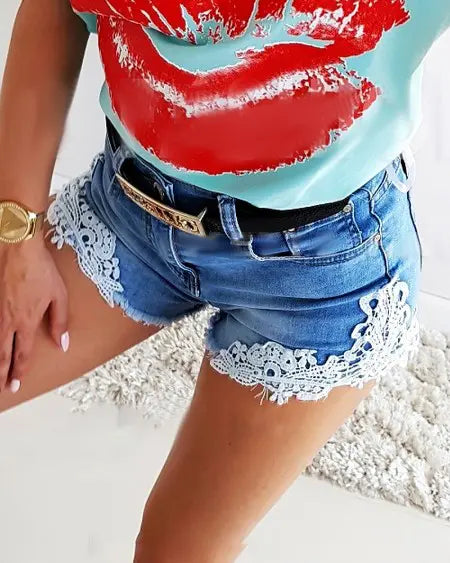 Denim Shorts: Contrast Lace & Raw Hem Design