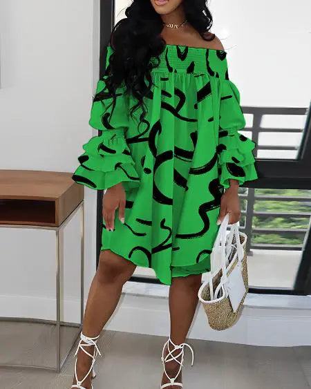 Off-shoulder jurk met abstracte print en plooien 