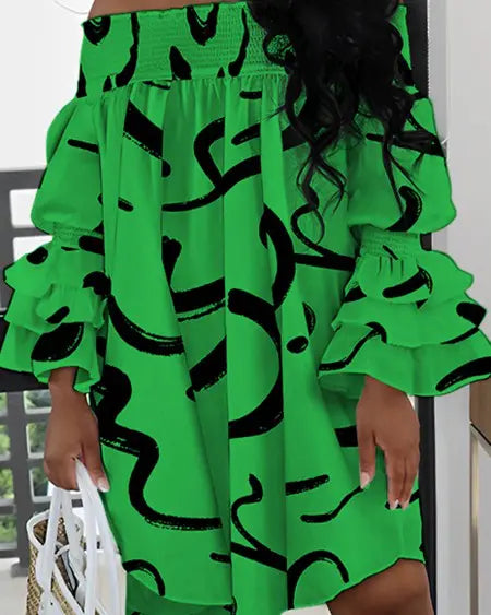 Off-shoulder jurk met abstracte print en plooien 