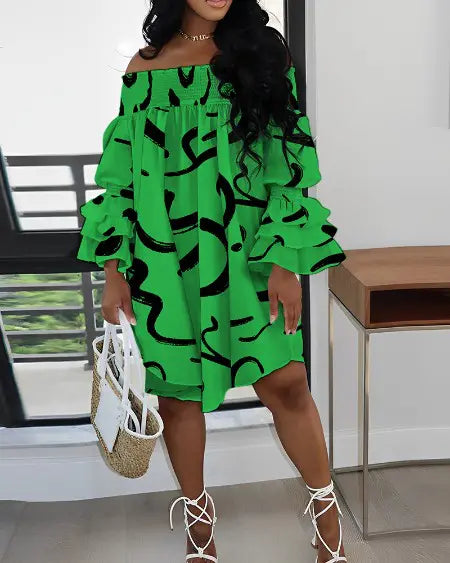 Off-shoulder jurk met abstracte print en plooien 