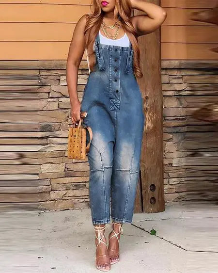 Denim jarretel-jumpsuit met knopen en zakken 
