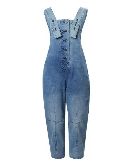 Buttoned Denim Suspender Jumpsuit with Pockets