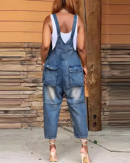 Denim jarretel-jumpsuit met knopen en zakken 