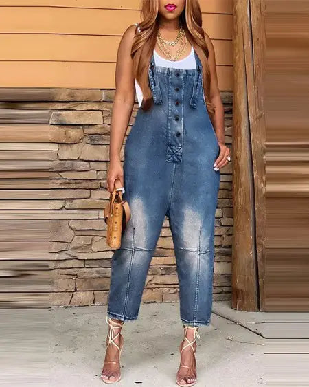 Buttoned Denim Suspender Jumpsuit with Pockets