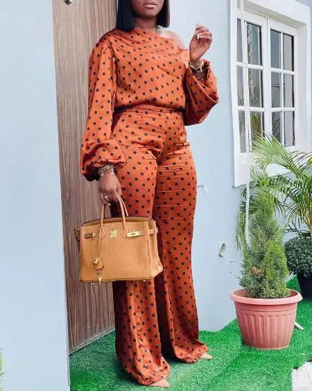 Lantern Sleeve Top & Pants Set with Polka Dot Design