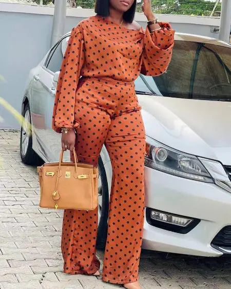 Lantern Sleeve Top & Pants Set with Polka Dot Design