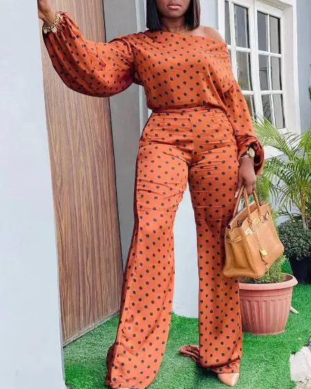 Lantern Sleeve Top & Pants Set with Polka Dot Design