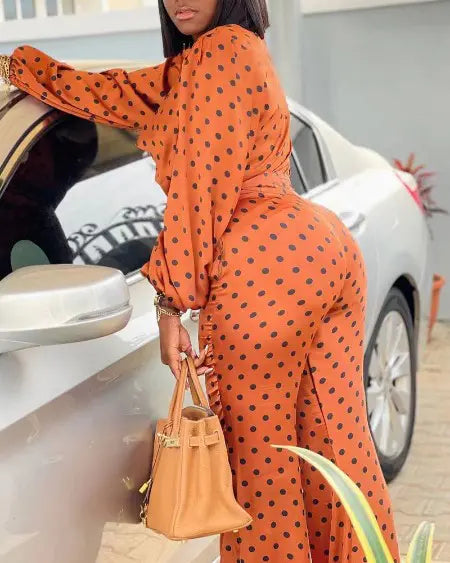 Lantern Sleeve Top & Pants Set with Polka Dot Design