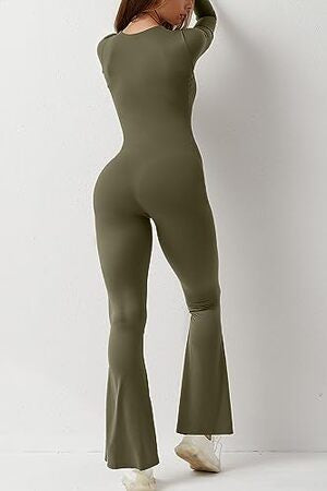 Elegant Wide Leg Long Sleeve Jumpsuit for Women: Full-Length Square Neck Romper
