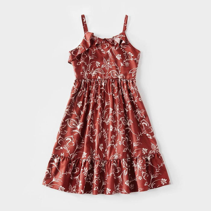 Mommy and Me Floral Print Ruffle Hollow-carved Tank Dresses