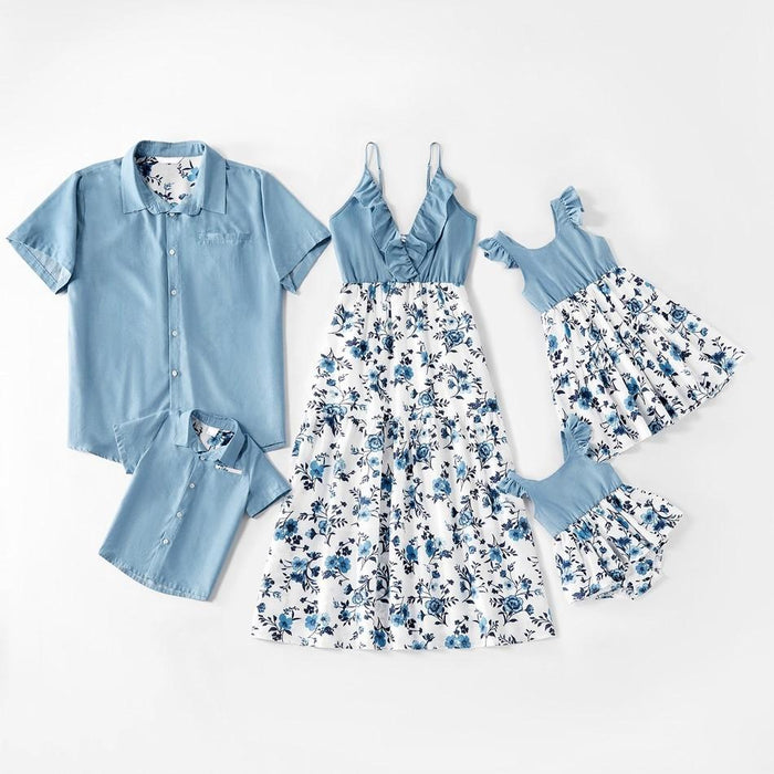 Family Matching Floral Flounce Tank Dresses and Denim Tops