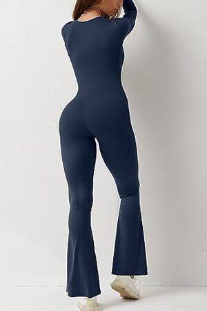 Elegante jumpsuit met wijde pijpen en lange mouwen voor dames: romper met vierkante hals over de volledige lengte 