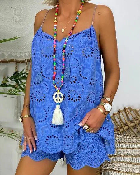 Tassel Top & Shorts Set with Eyelet Embroidery