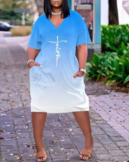 Plus Size Ombre Dress with Faith Letter Print