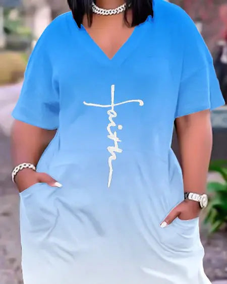 Plus Size Ombre Dress with Faith Letter Print