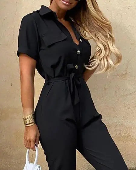 Short-Sleeved Jumpsuit with Pockets and Buttons