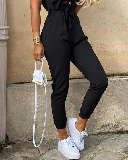 Short-Sleeved Jumpsuit with Pockets and Buttons