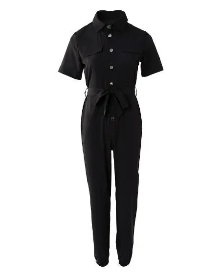 Short-Sleeved Jumpsuit with Pockets and Buttons